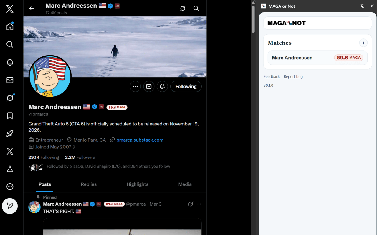 MAGA or Not extension showing a current-site match with the side panel open.